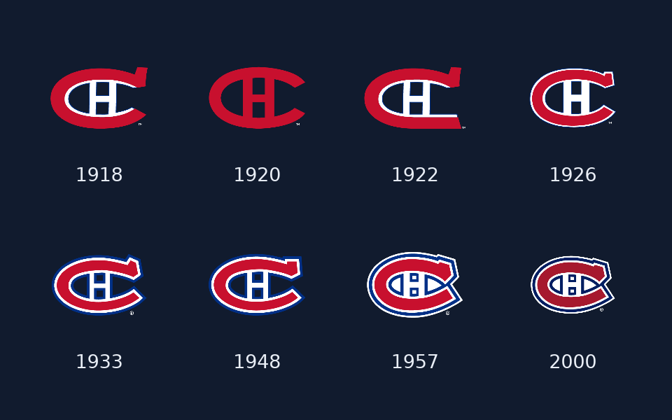 The 8 Montreal Canadiens logos in the archive, in order, first used in 1918, 1920, 1922, 1926, 1933, 1948, 1957, 2000.
